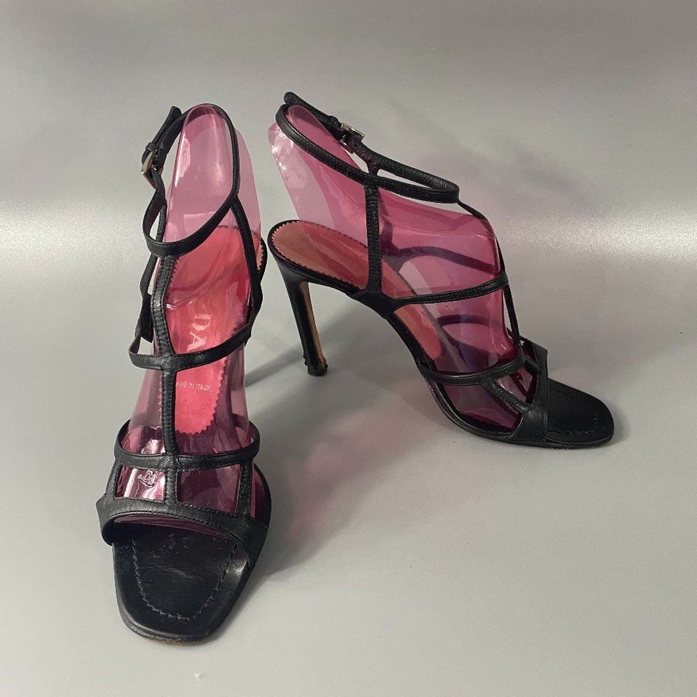 Prada Black Leather Strappy Angle Heels, Size 36.5